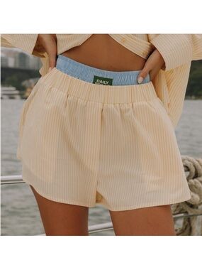 Daily Drills Cream-Striped Shorts with Light Blue Waistband